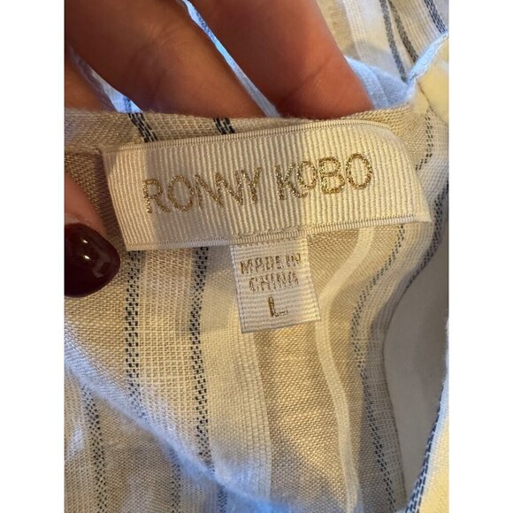 Ronny Kobo Dress Women Large Ivory Tan Striped Linen Blend Puff Sleeve Joslyn - Picture 14 of 15